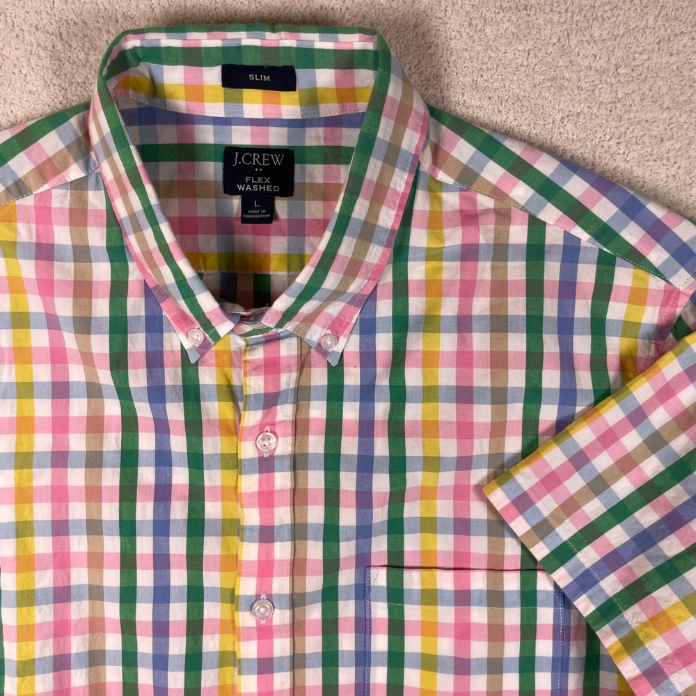 gingham check button down j crew short sleeve rainbow mens L flex washed slim